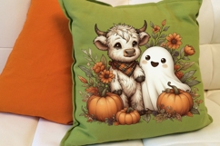 Retro Halloween Ghost And Highland Cow Png, Floral Fall Png. Product Image 5