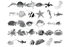 Cartoon Sea Animals, Outlines &amp; Silhouette Set 3 Procreate Product Image 5