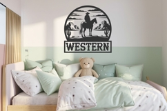 Rustic cowboy name sign SVG with horse rider silhouette. Ideal for farmhouse signs, nursery décor, ranch wall art, Cricut and Silhouette vinyl cutting projects.