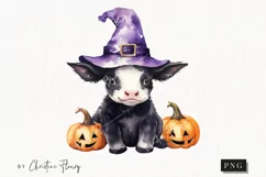 Watercolor Halloween Cow Clipart | Watercolor Halloween PNG Product Image 1