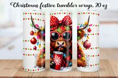 Christmas festive Highland cow Tumbler Wrap|Sublimation PNG. Product Image 1