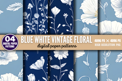 Blue White Vintage Floral Chinoiserie Digital Paper PNG Product Image 1