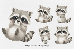 15 Bundle Watercolor Cute Raccoon Baby Animal Forest Lovely Product Image 5