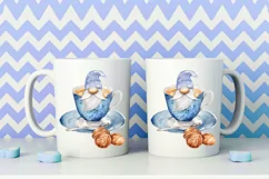 Watercolor gnome in a mug of tea with cookies, Gnome PNG Product Image 5