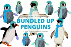 Bundled up Penguin Clip Art, Cute Watercolor Birds Design Product Image 1