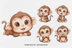 15 Bundle Watercolor Cute Monkey Animal Forest Banana Kids Product Image 5