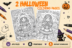 Cute Halloween coloring pages pumpkin girl, skeleton girl Product Image 1
