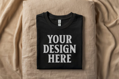 Gildan 64000 Black Folded T-Shirt Mockup | Flat Lay Unisex Product Image 1