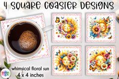 Whimsical Floral Sun Coaster Sublimation, Square Coaster PNG Product Image 1