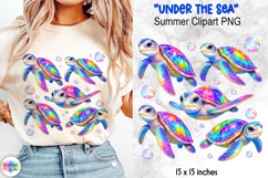 Holographic Summer Clipart, Rainbow Sea Turtle PNG Product Image 1