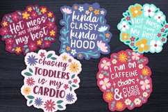 5 sarcastic floral stickers on black wood