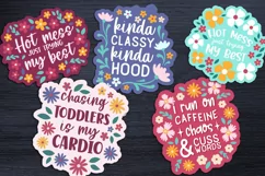 5 sarcastic floral stickers on black wood