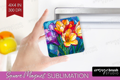 Stained Glass Magnet Sublimation - Flowers Square Magnet PNG Product Image 1