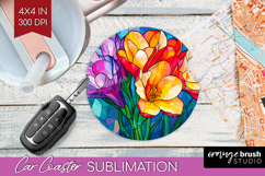 Stained Glass Car Coaster - Flowers Coaster PNG Sublimation Product Image 1
