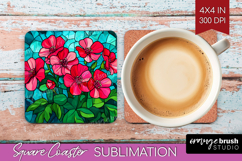 Stained Glass Square Coaster - Flowers Coaster PNG Product Image 1