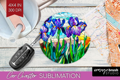 Stained Glass Car Coaster - Flowers Coaster PNG Sublimation Product Image 1