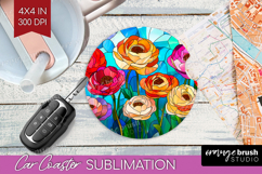 Stained Glass Car Coaster - Flowers Coaster PNG Sublimation Product Image 1