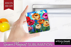 Stained Glass Magnet Sublimation - Flowers Square Magnet PNG Product Image 1