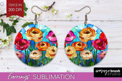 Stained Glass Round Earrings - Flowers PNG Sublimation Product Image 1