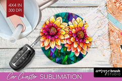 Stained Glass Car Coaster - Flowers Coaster PNG Sublimation Product Image 1