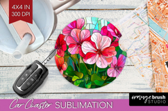 Stained Glass Car Coaster - Flowers Coaster PNG Sublimation Product Image 1