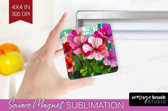 Stained Glass Magnet Sublimation - Flowers Square Magnet PNG Product Image 1