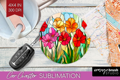 Stained Glass Car Coaster - Flowers Coaster PNG Sublimation Product Image 1