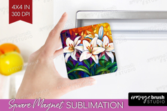 Stained Glass Magnet Sublimation - Flowers Square Magnet PNG Product Image 1