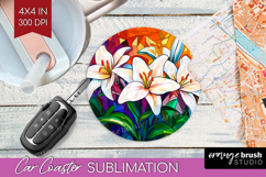 Stained Glass Car Coaster - Flowers Coaster PNG Sublimation Product Image 1