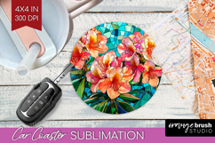 Stained Glass Car Coaster - Flowers Coaster PNG Sublimation Product Image 1