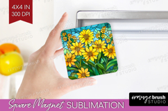 Stained Glass Magnet Sublimation - Flowers Square Magnet PNG Product Image 1