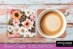 Watercolor Flowers Square Coaster - Floral Pink Sublimation Product Image 1