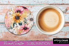 Watercolor Flowers Round Coaster - Floral Pink Sublimation Product Image 1