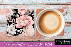 Watercolor Flowers Square Coaster - Floral Pink Sublimation Product Image 1