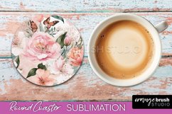 Watercolor Flowers Round Coaster - Floral Pink Sublimation Product Image 1