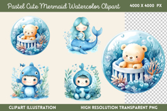 Pastel Cute Mermaid Watercolor Clipart PNG Product Image 1