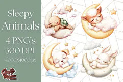 Sleeping Baby Animals PNG, Moon and Stars Nursery Clipart Product Image 1