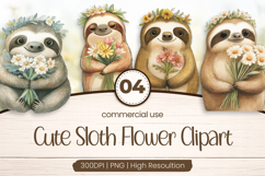Cute Sloth Flower Clipart PNG Product Image 1