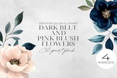Dark Blue &amp; Blush Pink Flowers Clipart PNG. Product Image 1