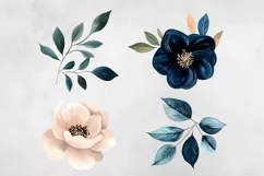 Dark Blue & Blush Pink Flowers Clipart PNG. Product Image 3