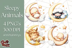 Sleeping Baby Animals PNG, Moon and Stars Nursery Clipart Product Image 1