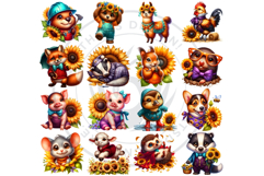 Cute Autumn Animals &amp; Sunflowers - Thanksgiving Clipart Product Image 4