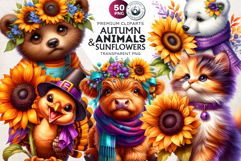 Cute Autumn Animals &amp; Sunflowers - Thanksgiving Clipart Product Image 1