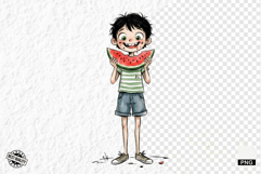 Whimsical Summer Boy &amp; Watermelon Clipart Product Image 1