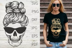 Skull mom life svg. Skull svg messy bun cut files silhouette Product Image 1