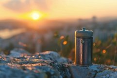 Reusable water bottle standing on a rock at sunset during go Product Image 1