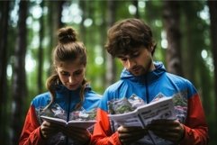 Hikers with map in forest Product Image 1