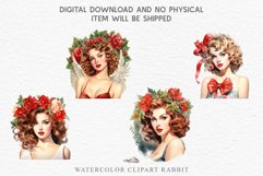 watercolor floral christmas Lady, Retro Women clipart, xmas character house wife Girl art  50s Christmas Floral Lady Clipart Retro Women PNG Pin Up Girl Art Image Watercolor Transparent Print illustration sublimation creepy printable digital