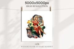 50s Christmas Lady Clipart Retro House Wife Women PNG Pin Up Girl Art Image Watercolor Transparent Print illustration sublimation creepy printable digital watercolor Pink Pin Up christmas Lady, Retro Women clipart, xmas character house wife Girl art 