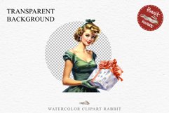 50s Christmas Lady Clipart Retro House Wife Women PNG Pin Up Girl Art Image Watercolor Transparent Print illustration sublimation creepy printable digital  watercolor Pink Pin Up christmas Lady, Retro Women clipart, xmas character house wife Girl art 